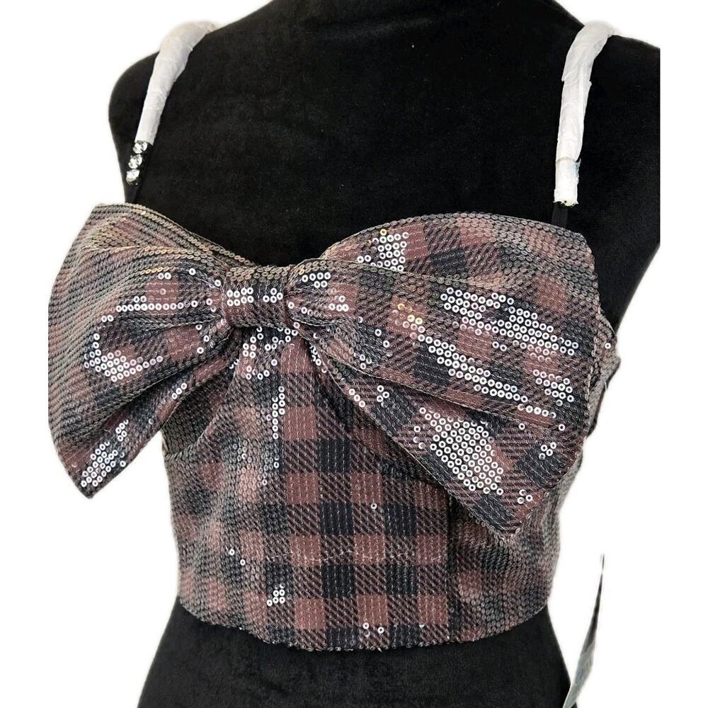 Johnny Wujek Sequin Crop Top Bow Front Zip Back Jrs Sz 11 Plaid Black Brown GLAM